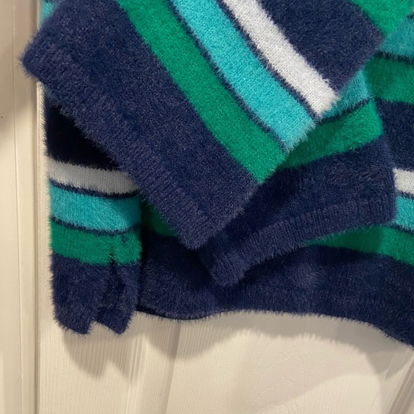 Lands End Size M Blue Stripe Fuzzy Cowl Neck Long Sleeve Pullover Sweater - Picture 4 of 11